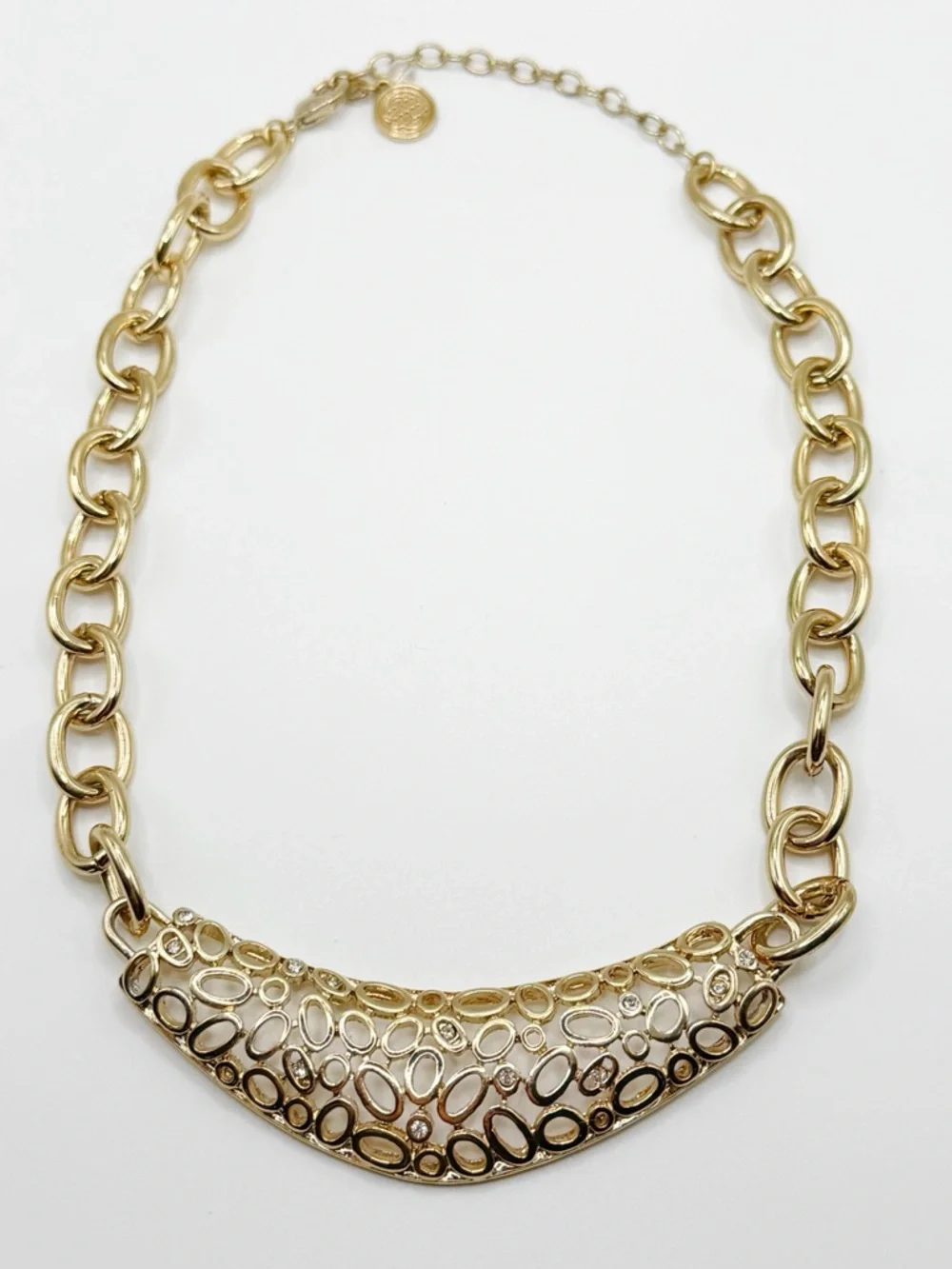 Dana Buchman Gold Tone Bib Chunky Chain‎ Link Filigree Rhinestone Necklace